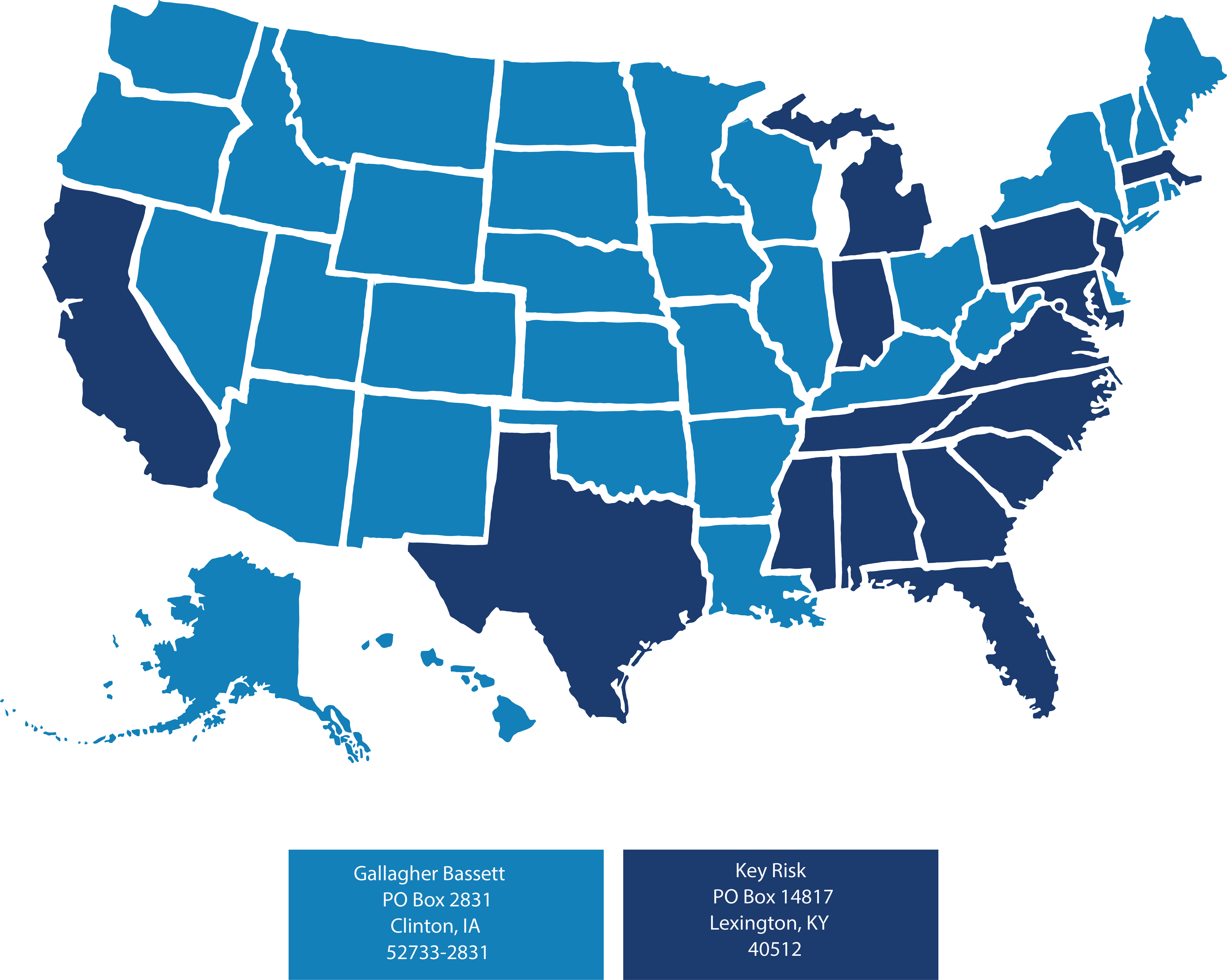 A map of the United States is shown with two different colors. One for California and the Southeast United States, and one for the rest of the states